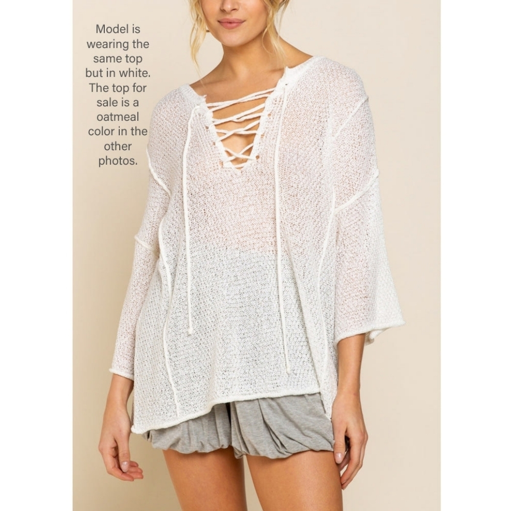 POL Women's Lace-up V-Neck Raw Edge Lightweight Knit Tunic Top Oatmeal Sweater